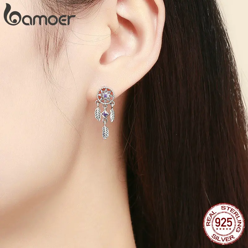 BAMOER 925 Sterling Silver Vintage Dream Catcher Drop Earrings for Women Purple Cubic Zircon Sterling Silver Jewelry SCE502