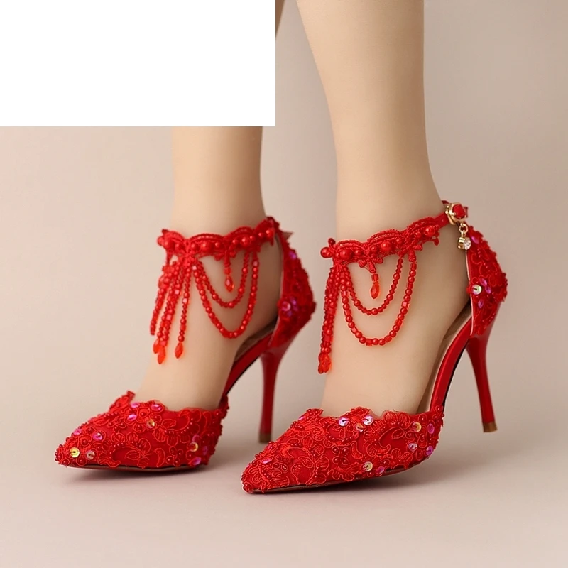 

New Summer White Pearl Crystal Lace Bridal Shoes Beautiful Ankle Strap Wedding Shoes White And Red Color Pointed Toe Prom Shoes