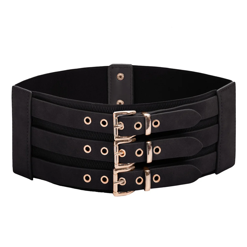 KK black/brown belts for Women Ladies dresses party evening casual 10cm 3 Metal Buckles Stretchy