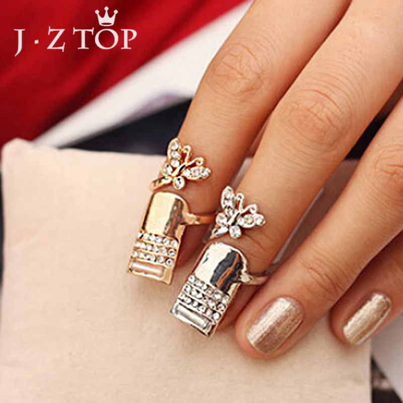 JZTOP Luxury Crystal Flower Finger Nail Rings Woman Fine Rhinestone