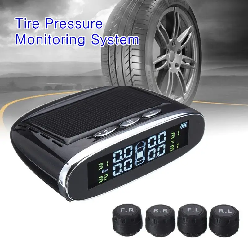 

Solar Power Car Auto LCD TPMS Tire Pressure Monitor System Wireless+4 External Sensors Digital Display Security Alarm