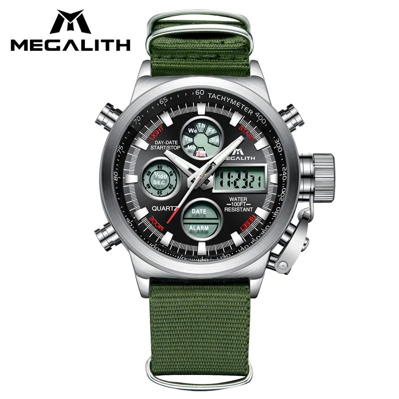 

MEGALITH LED Digital Mens Watches Army Green Nylon Strap Wrist Watch Waterproof Chronograph Alarm Sport Watches Clock Erkek Saat