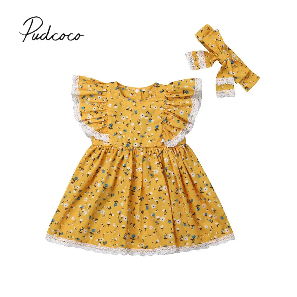 

2019 Baby Summer Clothing 1-5Y Toddler Kids Baby Girl Dress Lace Fly Sleeve Flowers A-Line Knee-Length Dress Sundress +Headband