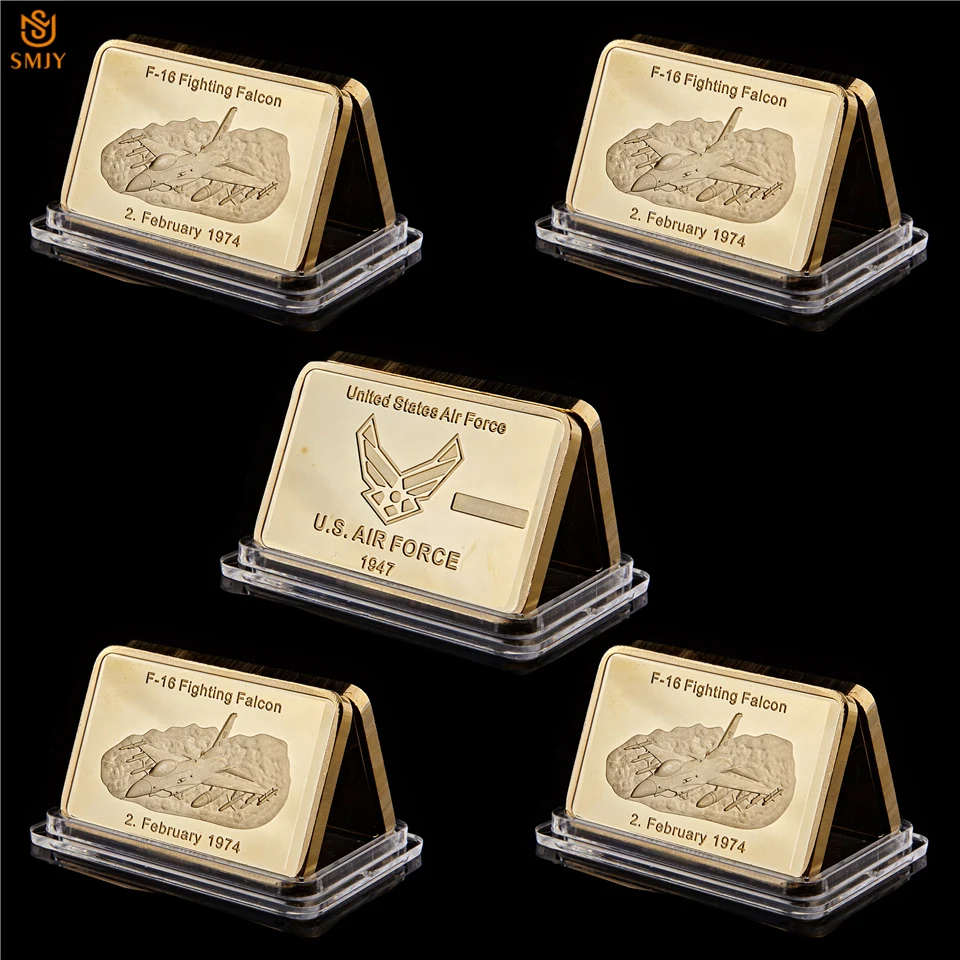 

5Pcs 1947-1974 Vietnam War US Air Military Weapon F-16 Fighting Falcon Replica Gold Medallion Medal Gold Bar Collectibles Challe
