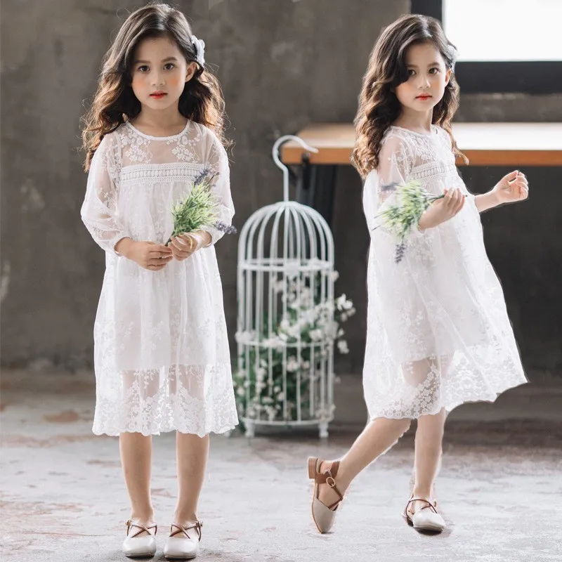 

Lace Floral Fall Girl Dress With Sleeve Spring Summer Kids White Party Princess Dresses Girls Teenage Children Clothes 2019
