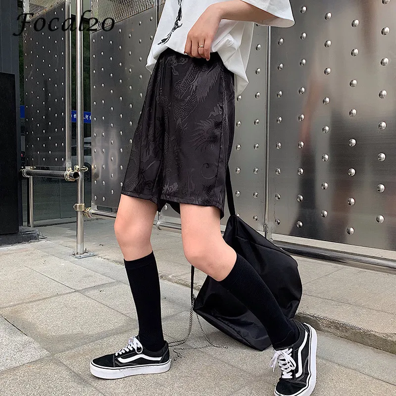 

Focal20 Harajuku Dark Dragon Print Female Shorts High Elastic Waist Pocket Above Knee Loose Summer Spring Women Shorts