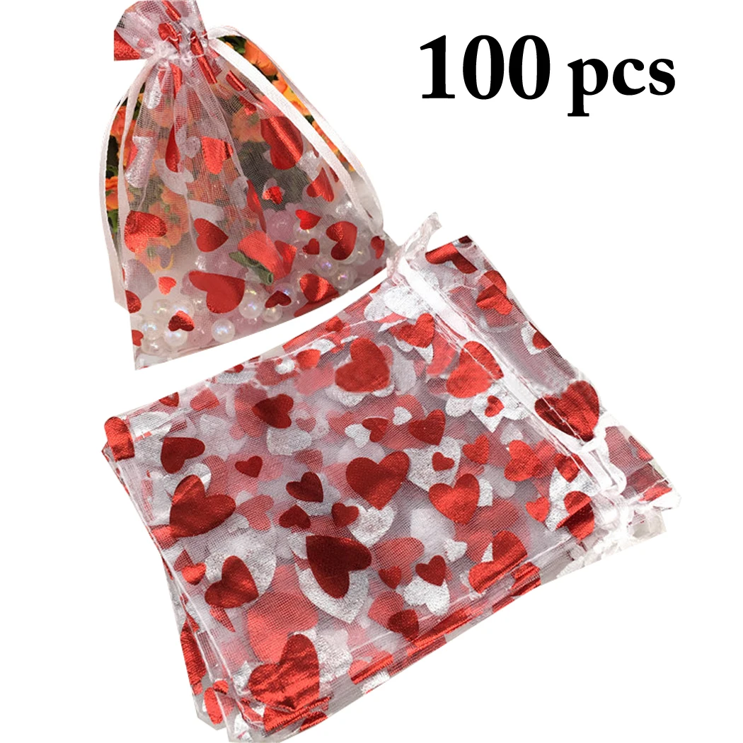 

100PCS Gift Pouch Cute Heart Print Drawstring Organza Pouch Mini Gift Bags for Valentine's Day Party