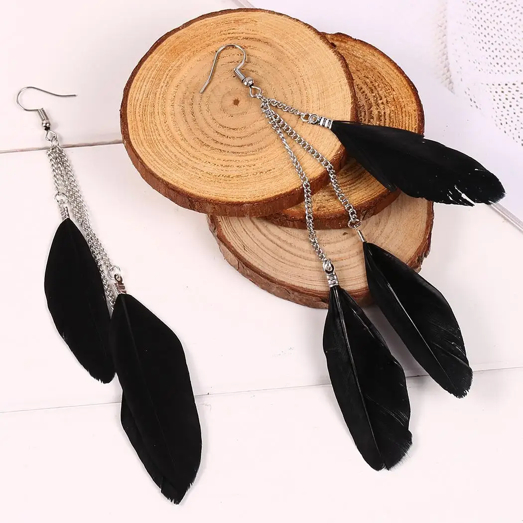 

Blue Grey Light Women Earrings Pair Party Dark Chain Fashion Jewelry Long Tassel Hook Blue Black Drop Feather