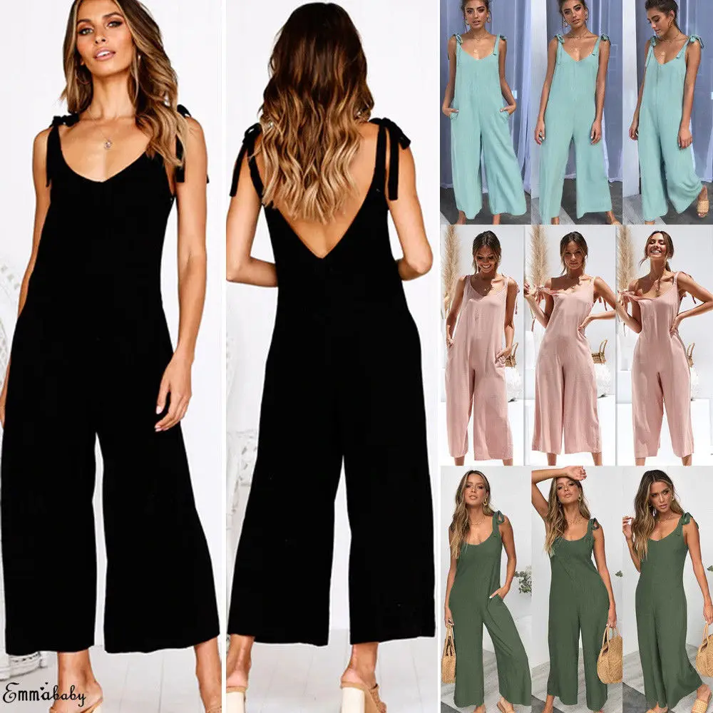 

2019 Women Casual Summer V-Neck Sleeveless Jumpsuits Ladies Solid Loose Jumpsuit Backless Playsuits