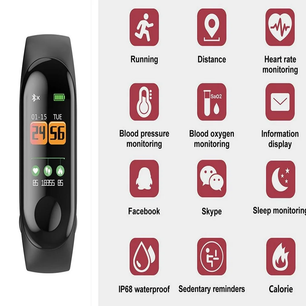 

Blood pressure M3C Smart Bracelet Measuring Heart Rate Pedometer Waterproof and Wear-resistant Sports Bracelet for Android Apple