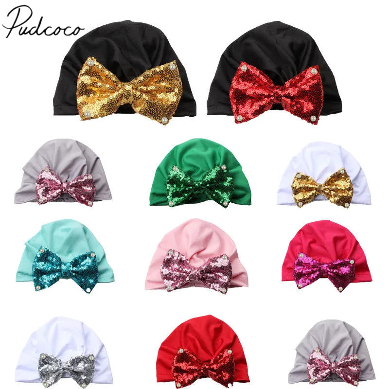

2019 Brand New Newborn Baby Kids Boys Girls Sequins Bowknot Hats Soft Milk Fiber Cap Wrap Bow Knotted Turban Beanie Hat Gifts