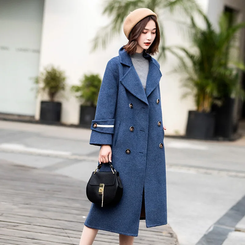 

Office Lady Long Coat for Women Wide-waisted Wool Coat and Jacket Double Breasted Turn-down Collar Women Clothes 2018