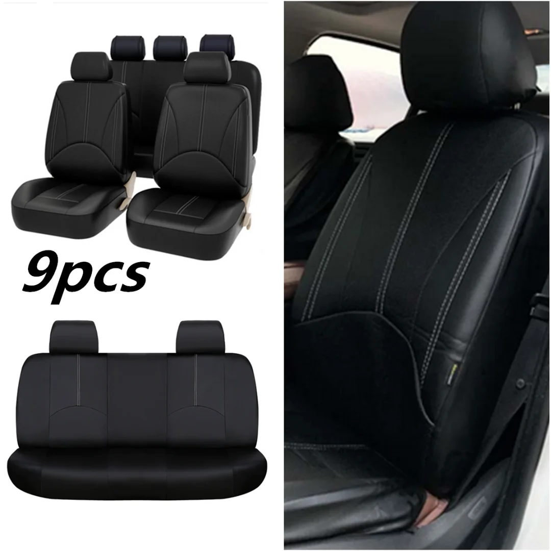 

9pcs/set Full Set Front Rear PU Leather Car Seat Cover Cushion Mat Protector Black