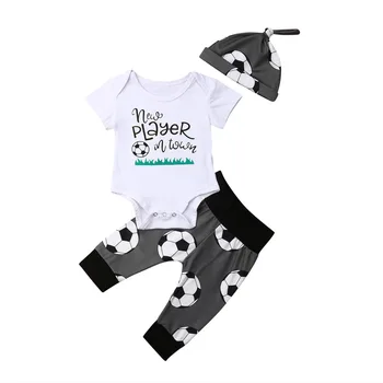 

3PCS Set Newborn Baby Boy Short Sleeve Football Player Cotton Bodysuit Tops Long Pant Trouser Hat Outfits Baby Clothes 0-18M