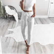 Womens Fashion High Waist White Striped Trousers Ladies Bow Tie Slim Pencil Pants streetwear 2019 Womens Fashion High Waist White Striped Trousers Ladies Bow Tie Slim Pencil Pants streetwear 2019