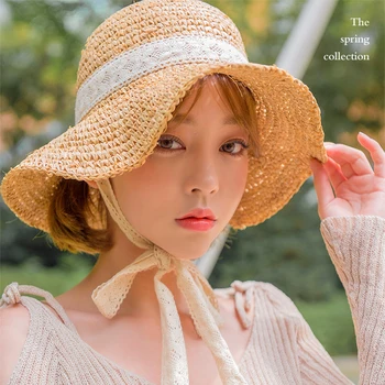 

2019 Lace Tape Summer Straw Sun Hat Women Big Wide Brim Beach Hat Foldable Block UV protection Cat Cap