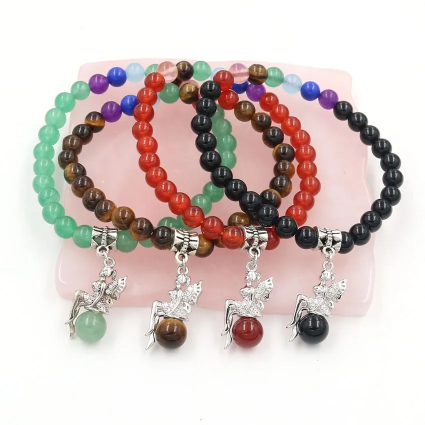 

Natural Tiger Eye Chakra Charms Bracelet Natural Stone Angel Girl Bijoux Femme Bracelets Jewelry 6mm