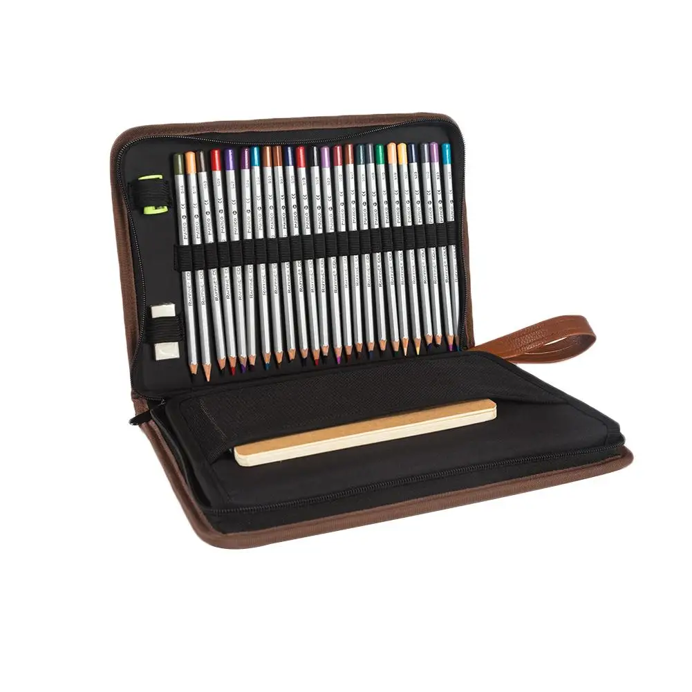 

Foldable Pencil Case With 72 Slots Large Capacity Zippered Pen Bag Pouch With Handle Strap PU Leather Storage Organizer