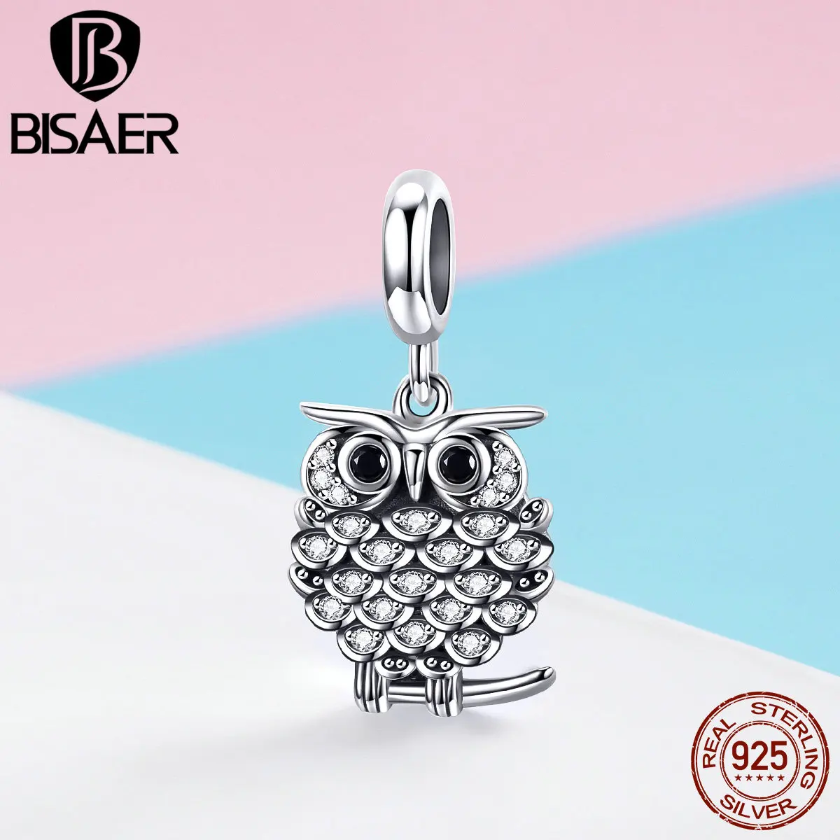

BISAER Hot Sale Real 925 Sterling Silver Owl Animal Beads Crystal Charm fit Bracelet Beads for Silver 925 Jewelry Making ECC949