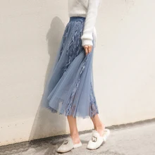 Женская сетчатая юбка в складку с завышенной талией, модная однотонная с кисточками до середины икры, весна-лето