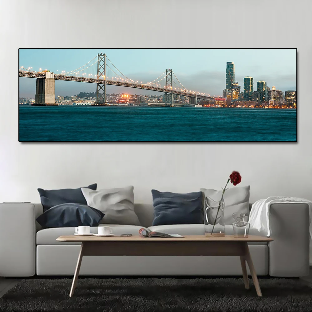 

Modern Bridge River High Building Night View Landscape Picture Poster and Print Print on Canvas for Bedroom Home Decor No Frame