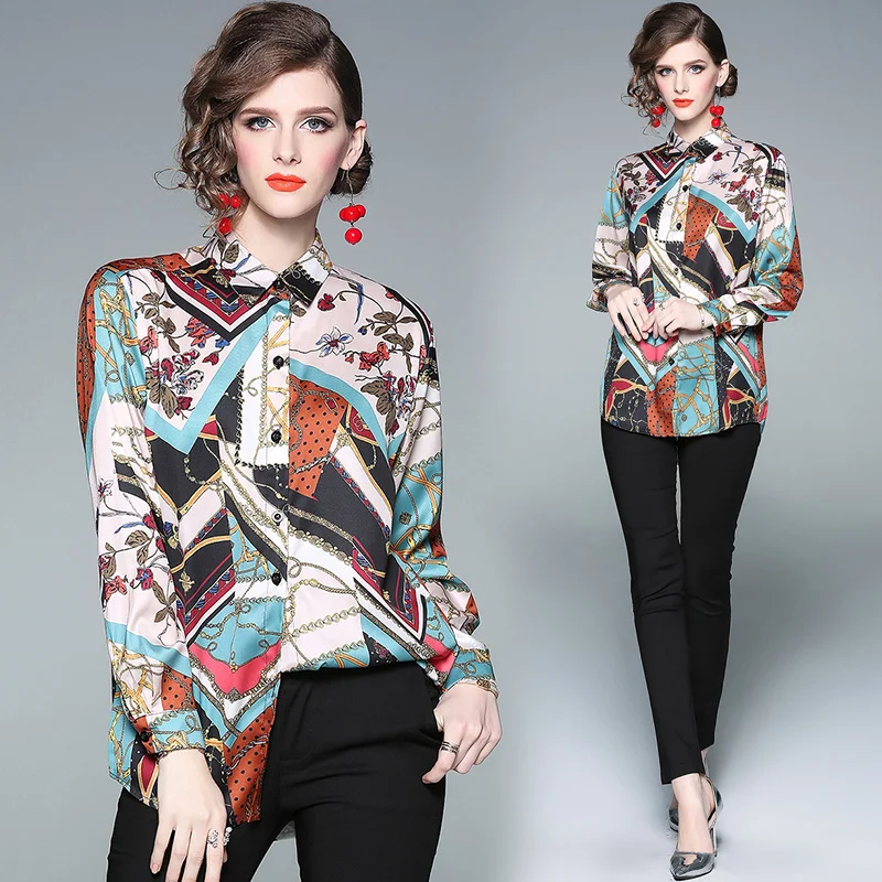 

Europe Women color block Runway Blouse 2019 Fashion Long Sleeve Turn Down Collar spring Tops Designer Shirts