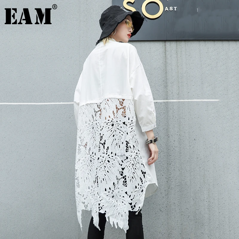 

[EAM]2019 New Autumn Winter Stand Collar Long Sleeve Back Lace Hollow Out Spliced Big Size Shirt Women Blouse Fashion Tide JR835