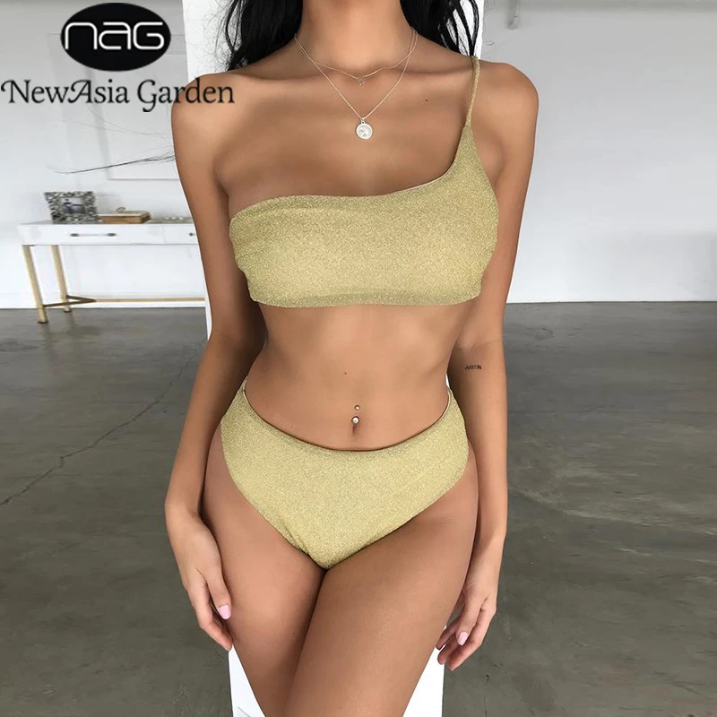 

NewAsia Glitter Bikini Beachwear Two Piece Set One Shoulder Crop Top And Beach Shorts Women Two Piece Outfits Sexy Bathing Set