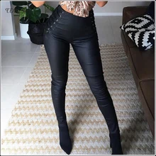 Sexy PU Leather High Waist Skinny Pencil Pants Women Slim Side Criss Cross Bandage Bodycon Trousers Black Nightclub Streetwear Sexy PU Leather High Waist Skinny Pencil Pants Women Slim Side Criss Cross Bandage Bodycon Trousers Black Nightclub Streetwear