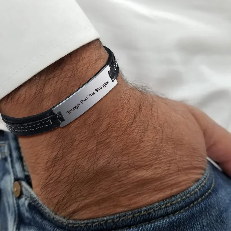 Inspirational Men's Personalized Plaited Leather ID Tag Bracelet