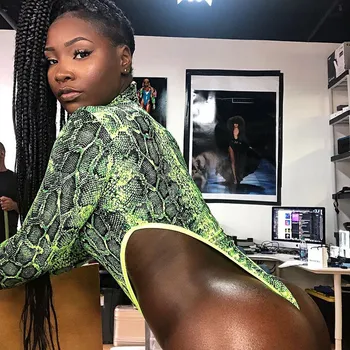 

2019 Summer Women Fashion Turtleneck Long Sleeve High-Cut Bodycon Jumpsuit Sexy Neon Green Snake Print Bodysuits