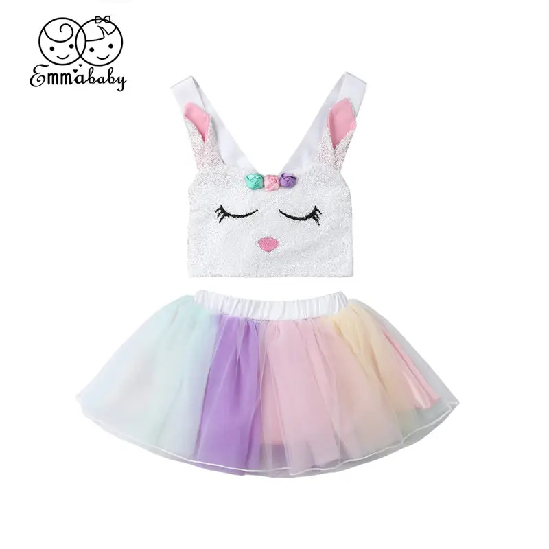 

Baby Girl Clothes Set Kid Easter Outfit Bunny Top+Tulle Tutu Mini Skirt 2Pcs Summer Princess Outfit Children Clothing Set