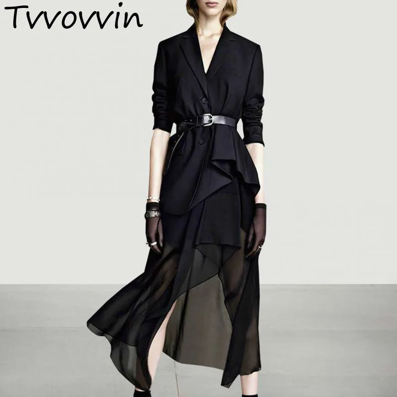 Для женщин устанавливает плиссированные нерегулярные Для женщин Блейзер черный длинная юбка 2 предмета Комплект элегантные Для женщин 2 шт