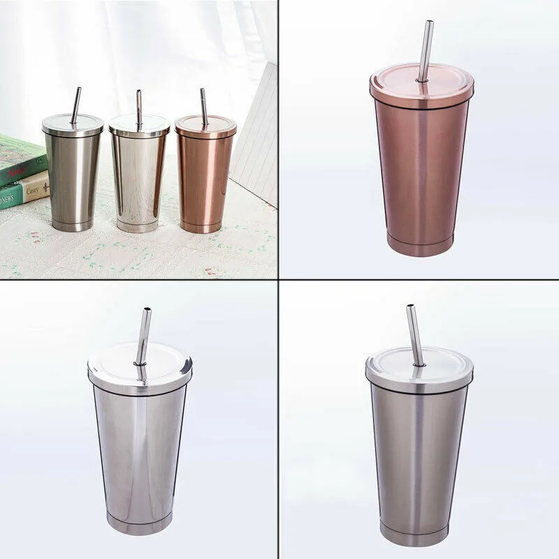 

500ML Stainless Steel Cup Portable Travel Tumbler Coffee Mug With Drinking Straw