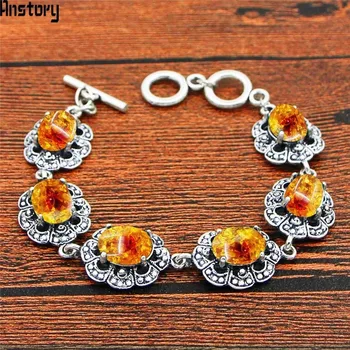 

Oval Simulated Ambers Bracelet Vintage Look Antique Silver Plated Fashion Jewelry For Woman TB346