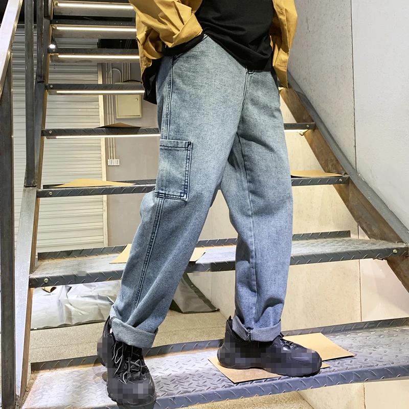 2019 Man Straight Loose Jeans Men Denim Cargo Ankle-Length Pant Big Pockets Fashion Casual Hip-hop Amazing Male Skateboard Pants