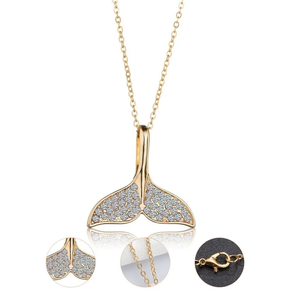 

Women Trendy Pendant Necklace Dolphin Tail With Rhinestone Gold Charm Handmade European Style Wedding Jewelry Female
