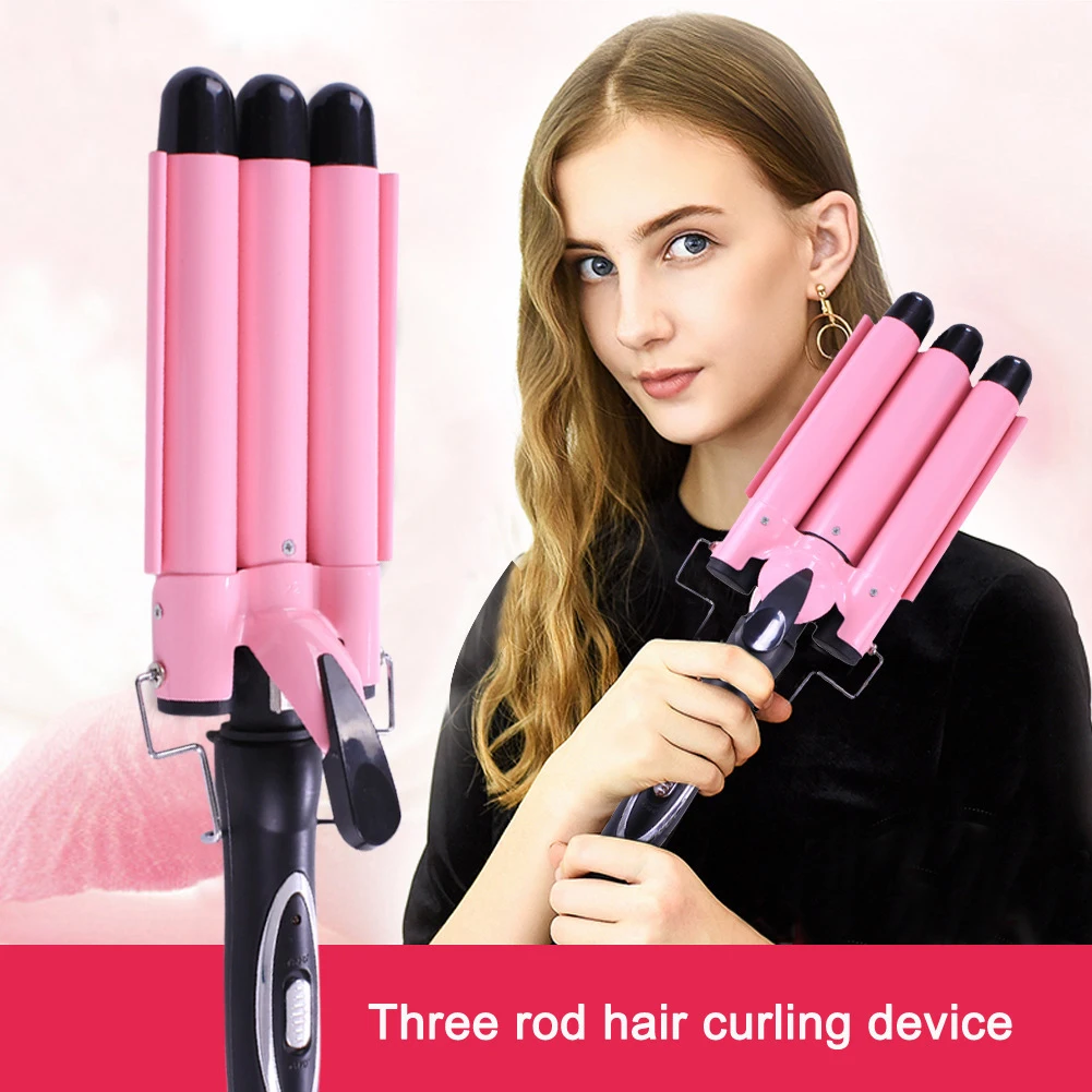 Beli Surker Tiga Barel Curling Iron Tongkat dengan LCD Tampilan Suhu 1 Inch Turmalin Keramik Triple Barel, tegangan Ganda CR