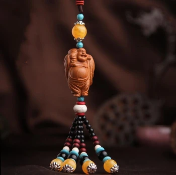 

Chinese Peach Wood Carved Maitreya Buddha Exquisite Car Key Pendant Bag Pendant