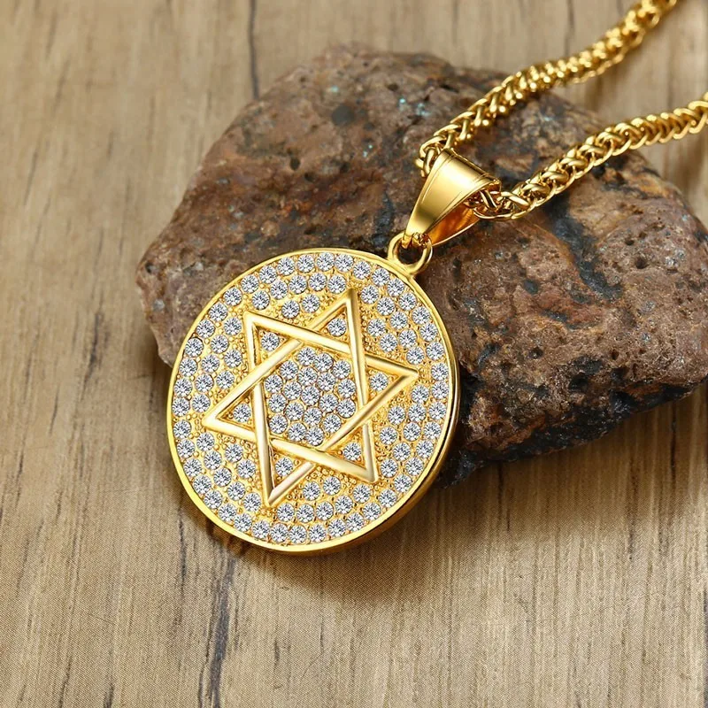 

Dropshiping Stainless Steel Circular Star Of David Pendant Necklace With Cubic Zirconia Stones Medallion Men Hip Hop Jewelry