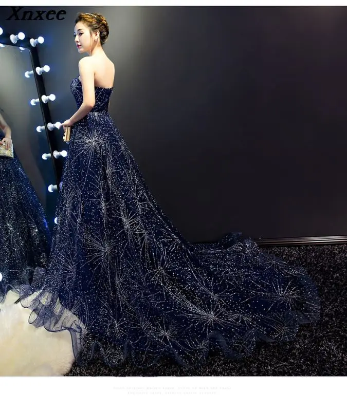 

Xnxee Evening gown long section 2019 new annual meeting host dress trailing tube top starry sky party dress Xnxee