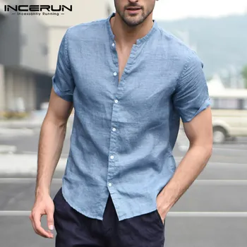

INCERUN 2020 Fashion Short Sleeve Men Shirt Stand Collar Streetwear Tops Solid Color Mens Casual Brand Shirts Camisa Masculina