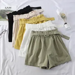 2019 летние женские с высокой талией однотонные шорты с поясом корейские Модные бермуды шорты с карманами