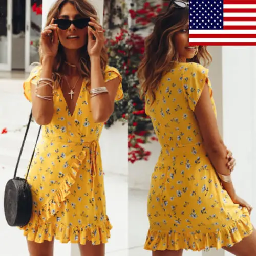 

2019 Women Summer Floral Short Mini Dress Evening Party V Neck Beach Dress Sundres