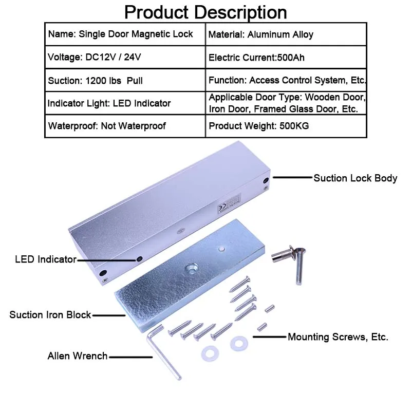 Eseye Magnetic Lock 12v Door Lock 500KG (1200lbs) For Door Access Control System Holding Force High Quality Electric Lock 12V
