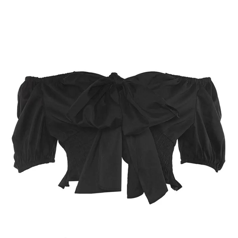 

Women T-shirts Sexy Gothic Black Chic Office Lady Streetwear Slim Off Shoulder Puff Sleeve Lace Up Solid Female Elegant Tops