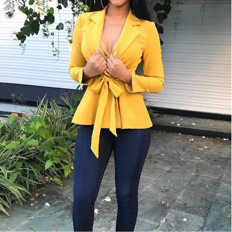 

PEONFLY Ladies Long Sleeve Tight Blazer Women Suit Jacket Female Feminine Yellow Sexy Solid Sashes Blazer Women