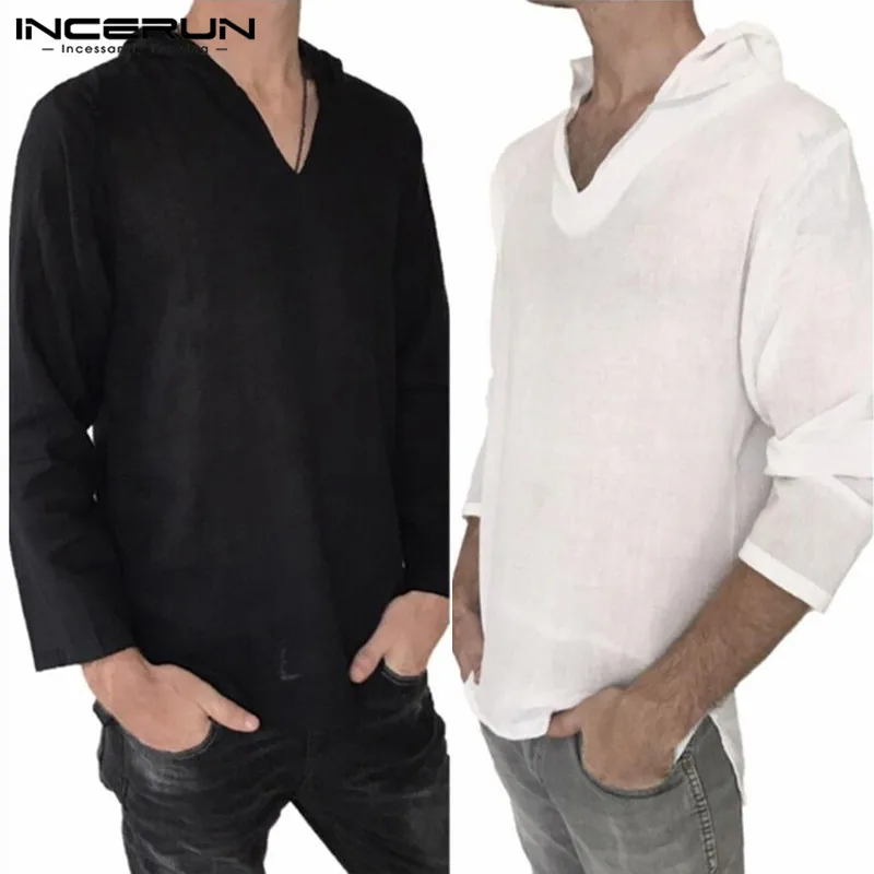 Fashion Hiphop Men's T-Shirts V-Neck Long Sleeve Hoodie Tee Tops 100%Cotton Casual Shirts Men Clothing White Tshirts Masculina