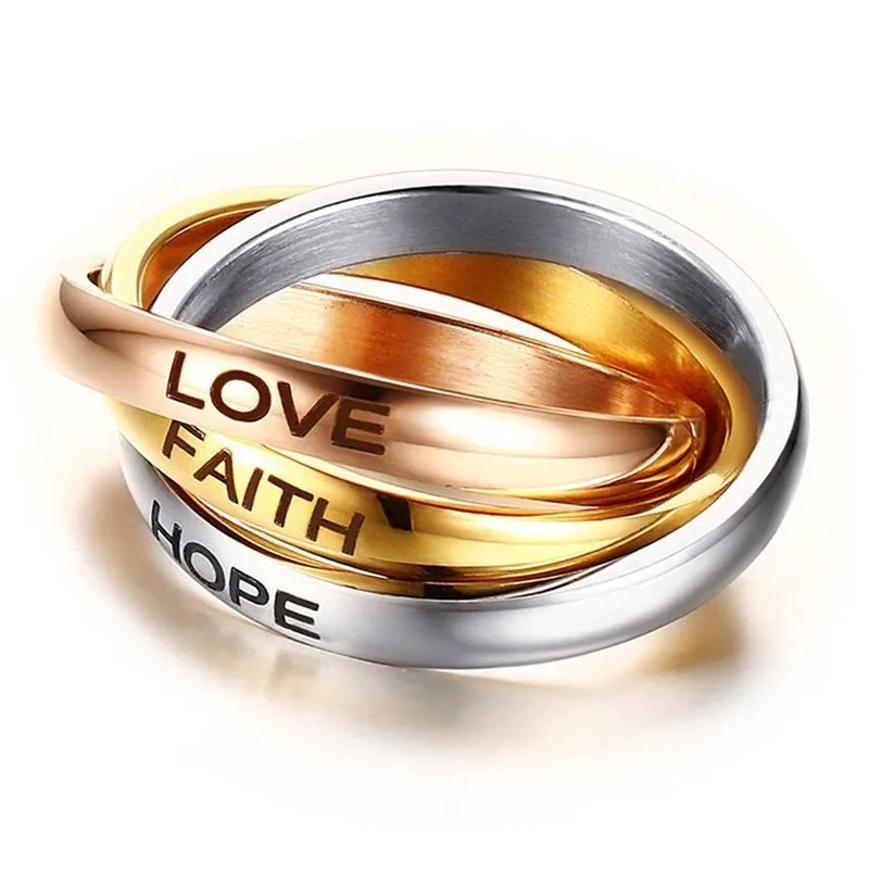 Love Faith Hope тройное обручальное кольцо для женщин из нержавеющей стали три в одном обещанный подарок на день Святого Валентина