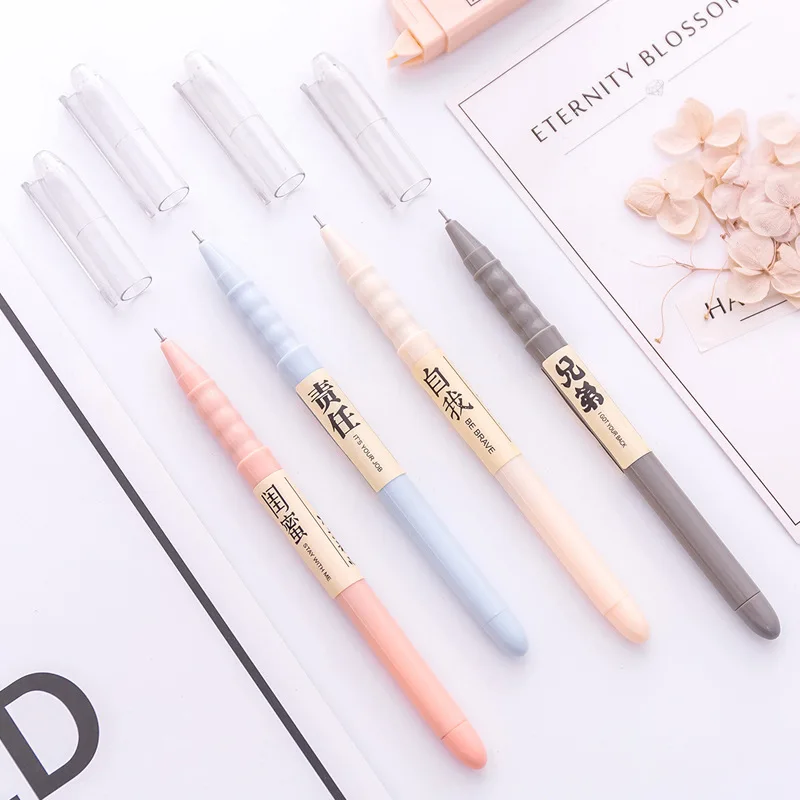 4PCS Cute Pure Color Chinese Words Gel Pen Kawaii Pen for School Student Stationery 0.5mm Black Ink Office Cute School Supplies a5 office leather notebook paper elegant pure color lined paper journals stationery school office supplies